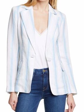 FRAME Linen Striped Blazer Jacket Blue White Single Button Tailored Size 4